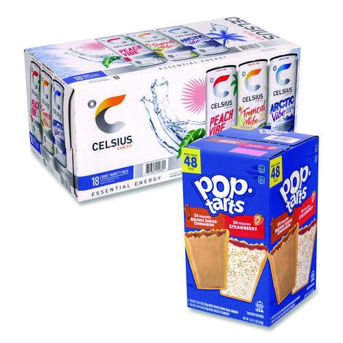 Image of Kellogg's® 810128792660 Celcius Vibe and Pop Tarts Variety Combo Pack,(18) 12oz Cans,(24) Frosted Strawberry/(24) Frosted Brown Sugar Cinnamon/Bundle