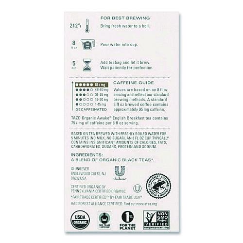 Image of Tazo® TAZ00303 Tea Bags, Organic Awake English Breakfast, 16/Box