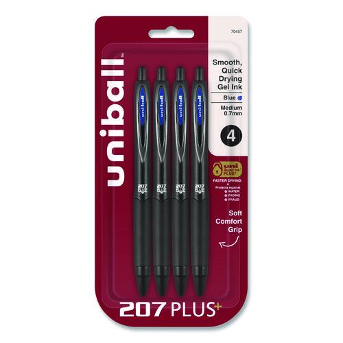 Image of uniball® 70457 207 Plus+ Gel Pen, Retractable, Medium 0.7 mm, Blue Ink, Black Barrel, 4/Pack