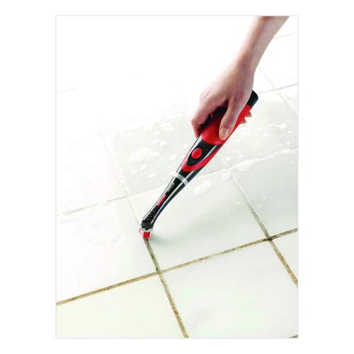 Image of Rubbermaid® 1839685 Multi-Purpose Cordless Battery Power Scrubber, Red/White Nylon Bristles, 12.68" Brush, 7" Red/Black Handle