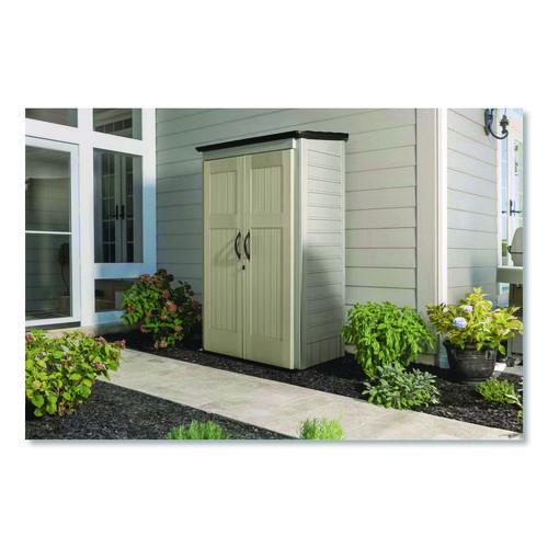 Image of Rubbermaid® FG5L3000SDONX Vertical Storage Shed, 53 cu ft, 2.5 ft x 4 ft x 7 ft, Sandstone/Faint Maple