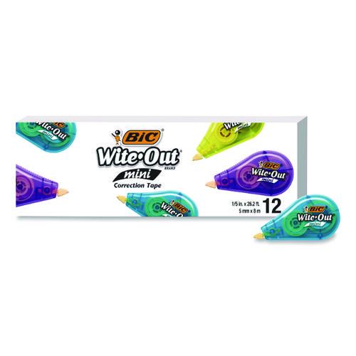 Image of BIC® WOTM11 Wite-Out Brand Mini Correction Tape, Non-Refillable, 0.2" x 26.2 ft, White Tape, Assorted Dispenser Colors, Dozen