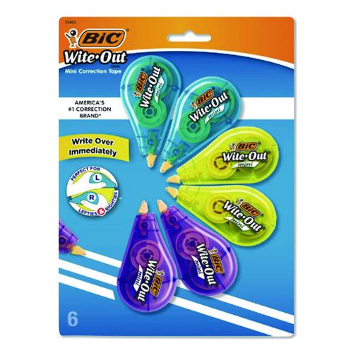 Image of BIC® WOTMP61-WHI Wite-Out Brand Mini Correction Tape, Non-Refillable, 0.2" x 26.2 ft, White Tape, Assorted Dispenser Colors, 6/Pack