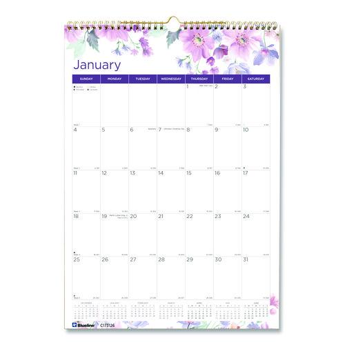 Image of Blueline® 12-Month Colorful Wall Calendar, Passion Floral Artwork, 12 x 17, White/Multicolor Sheets, 12-Month (Jan to Dec): 2026