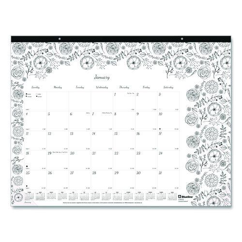 Image of Blueline® Monthly Desk Pad Calendar, DoodlePlan Coloring Pages, 22 x 17, Black Binding, Clear Corners, 12-Month (Jan to Dec): 2025