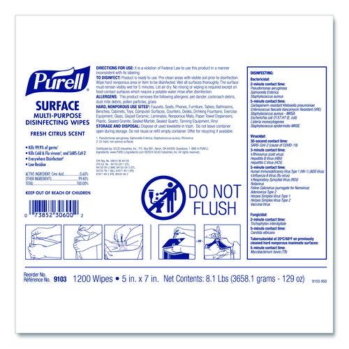 Image of PURELL® 9103-02 Surface Multi-Purpose Disinfecting Wipes, 1-Ply, 5 x 7, Fresh Citrus, White, 2/Carton