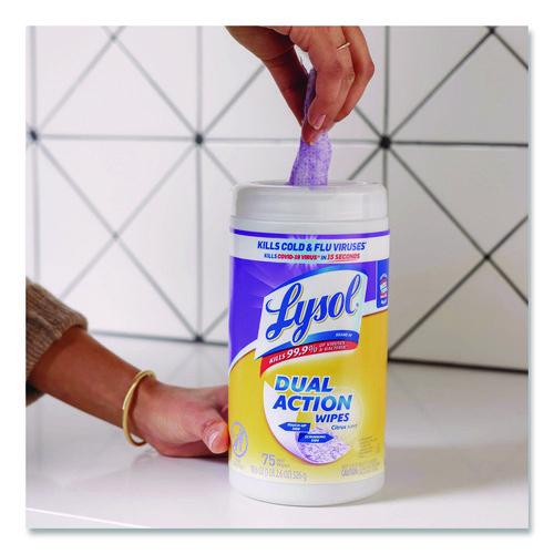 Image of LYSOL® Brand 19200-81700 Dual Action Disinfecting Wipes, 1-Ply, 7 x 7.25, Citrus, White/Purple, 75/Canister, 6 Canisters/Carton