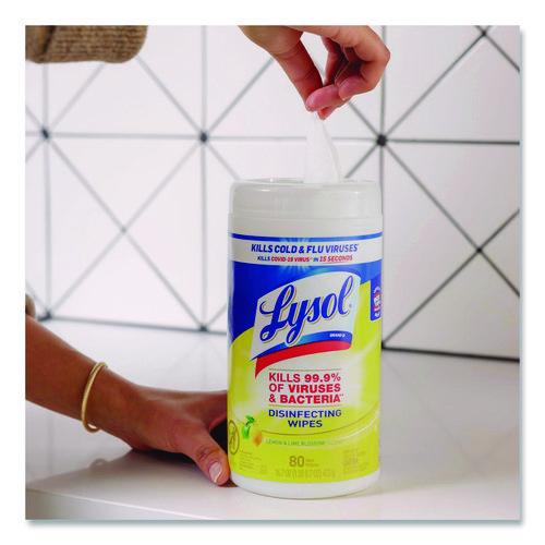 Image of LYSOL® Brand 19200-80296 Disinfecting Wipes, 1-Ply, 7 x 7.25, Lemon and Lime Blossom, White, 80 Wipes/Canister, 2 Canisters/Pack, 3 Packs/Carton