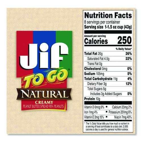 Image of Jif To Go® SMU99266 Spreads, Natural Creamy Peanut Butter, 1.5 oz Cup, 8/Box