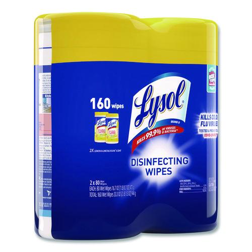 Image of LYSOL® Brand 19200-80296 Disinfecting Wipes, 1-Ply, 7 x 7.25, Lemon and Lime Blossom, White, 80 Wipes/Canister, 2 Canisters/Pack, 3 Packs/Carton