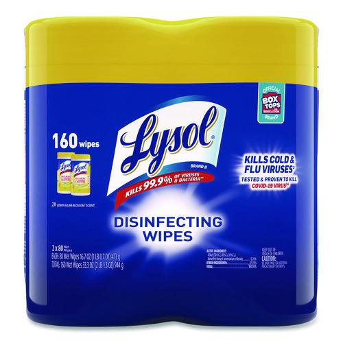 Image of LYSOL® Brand 19200-80296 Disinfecting Wipes, 1-Ply, 7 x 7.25, Lemon and Lime Blossom, White, 80 Wipes/Canister, 2 Canisters/Pack, 3 Packs/Carton
