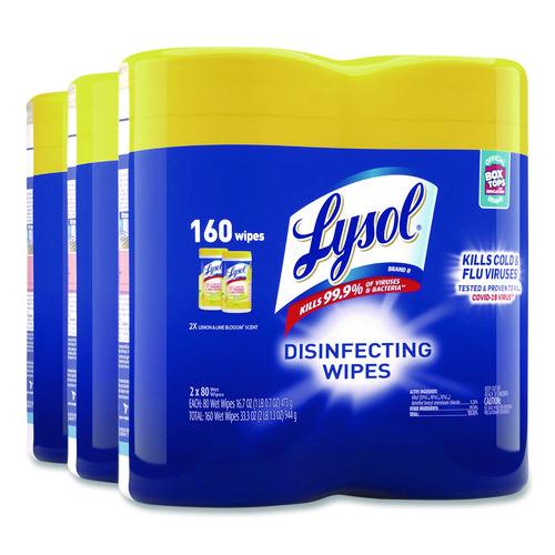 Image of LYSOL® Brand 19200-80296 Disinfecting Wipes, 1-Ply, 7 x 7.25, Lemon and Lime Blossom, White, 80 Wipes/Canister, 2 Canisters/Pack, 3 Packs/Carton