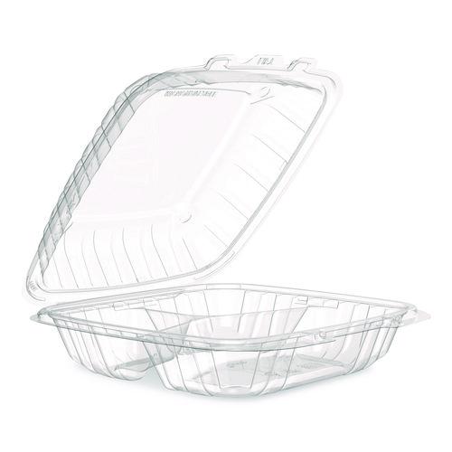 Image of Dart® 90PPHT3 Microwaveable Hinged Containers, ProPlanet Seal, 3 Compartments, 9 x 8.75 x 3, Clear, Plastic,150/Carton