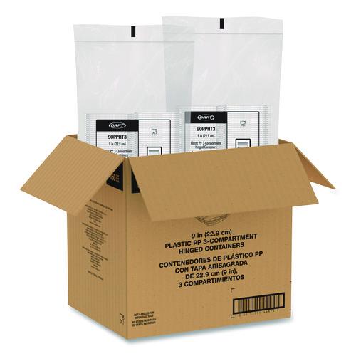 Image of Dart® 90PPHT3 Microwaveable Hinged Containers, ProPlanet Seal, 3 Compartments, 9 x 8.75 x 3, Clear, Plastic,150/Carton