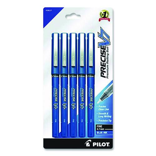Image of Pilot® 26021 Precise V7 Rollerball Pen, Stick, Fine 0.7 mm, Blue Ink, Blue/Clear Barrel, 5/Pack