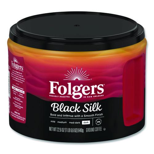 Image of Folgers® 2550030439 Black Silk Ground Coffee, Black 22.6 oz Canister, 6/Carton