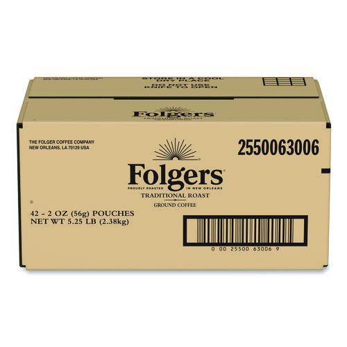 Image of Folgers® 2550063006 Traditional Roast Ground Coffee Fraction Packs, Traditional Roast, 2oz, 42/Carton