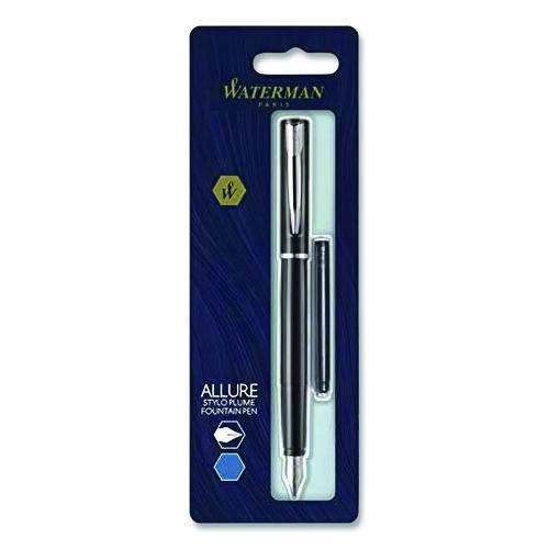 Image of Waterman 2029061 Allure Fountain Pen, Fine Point, Blue Ink, Black/Silver Barrel