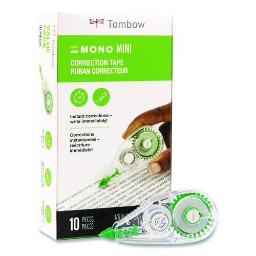 Image of Tombow® 68722 MONO Mini Correction Tape Value Pack, Non-Refillable, 0.17" x 26.25 ft, White Tape, Clear/Green Dispenser, 10/Pack