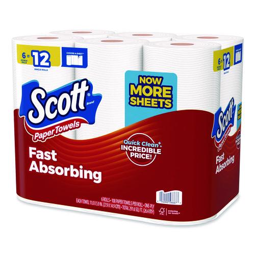 Image of Scott® 56668 Choose-A-Sheet Kitchen Roll Paper Towels, Double Roll, 1-Ply, White, 108 Sheets/Roll, 6 Rolls/Pack, 4 Packs/Carton