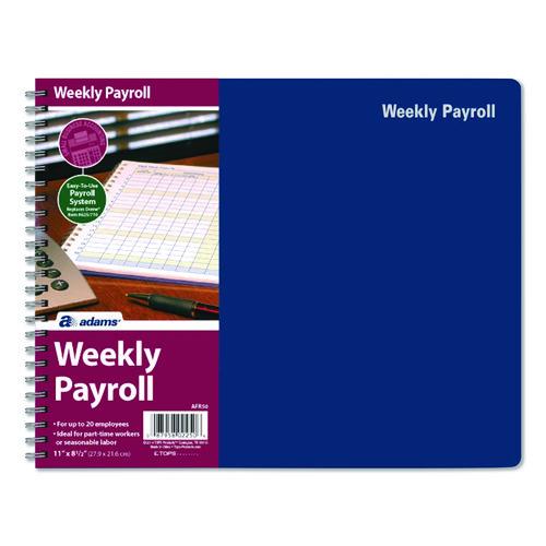 Image of AdamsÂ® Weekly Payroll Record Book for 20 Employees, Two-Page Spread: 36 Columns, Royal Blue Cover, 8.5 x 11 Sheets, 56 Sheets/Book