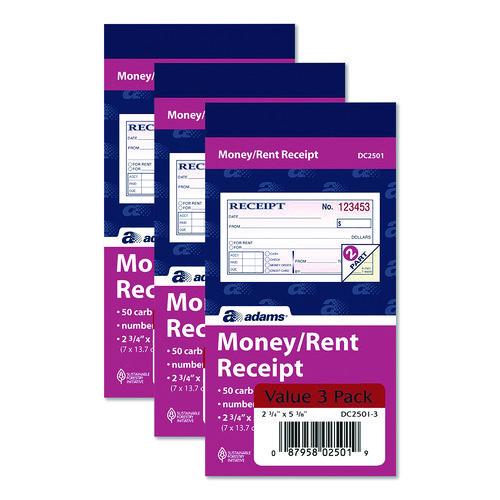 Image of Adams® DC2501-3 Money/Rent Receipt Book, Two-Part Carbonless, 4.88 x 2.75, 50 Receipts/Book, 3 Books/Pack