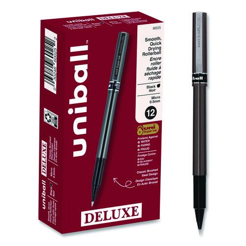 Image of uniball® 60025 Deluxe Rollerball Pen, Stick, Micro 0.5 mm, Black Ink, Metallic Gray/Black Barrel, Dozen