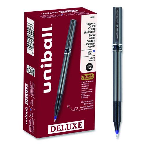 Image of uniball® 60027 Deluxe Rollerball Pen, Stick, Micro 0.5 mm, Blue Ink, Metallic Gray/Black/Blue Barrel, Dozen
