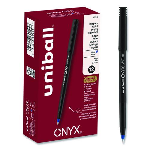 Image of uniball® 60145 ONYX Rollerball Pen, Stick, Fine 0.7 mm, Blue Ink, Black/Blue Barrel, Dozen