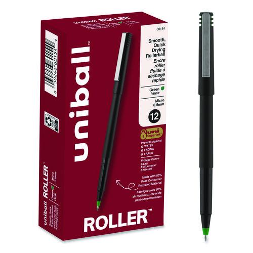 Image of uniball® 60154 Rollerball Pen, Stick, Micro 0.5 mm, Green Ink, Black/Green Barrel, Dozen
