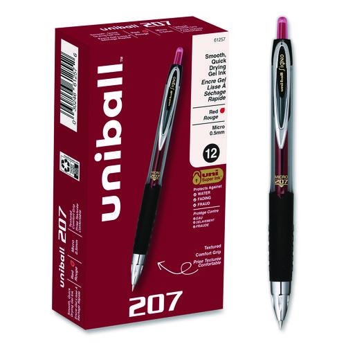 Image of uniball® 61257 Signo 207 Gel Pen, Retractable, Fine 0.5 mm, Red Ink, Smoke/Black/Red Barrel, Dozen