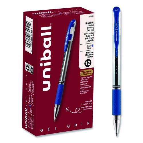 Image of uniball® 65451 Signo GRIP Gel Pen, Stick, Medium 0.7 mm, Blue Ink, Clear/Blue/Silver Barrel, Dozen