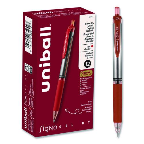 Image of uniball® 65942 Signo Gel Pen, Retractable, Medium 0.7 mm, Red Ink, Silver/Red Barrel, Dozen