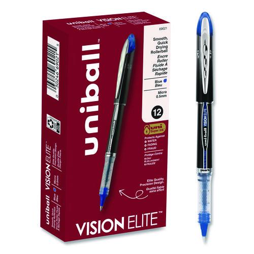 Image of uniball® 69021 VISION ELITE Rollerball Pen, Stick, Micro 0.5 mm, Blue Ink, Black/Blue/Clear Barrel