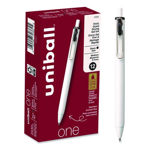 Image of uniball® 70362 uniONE Gel Pen, Retractable, Medium 0.7 mm, Black Ink, White/Black Barrel, Dozen