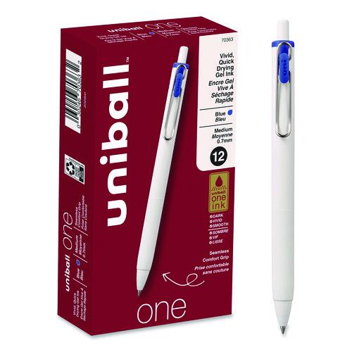 Image of uniball® 70363 uniONE Gel Pen, Retractable, Medium 0.7 mm, Blue Ink, White/Blue Barrel, Dozen