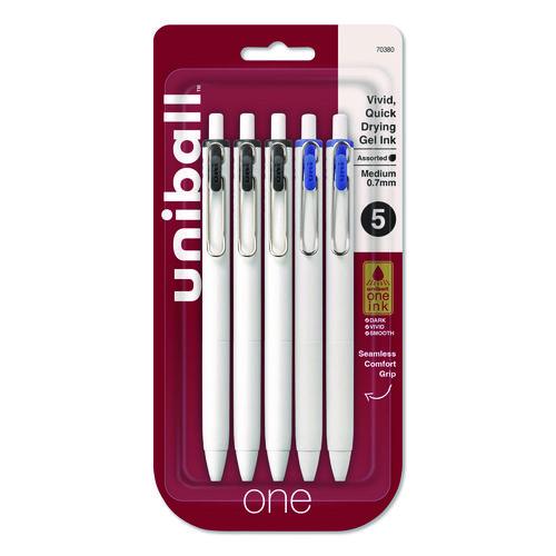 Image of uniball® 70380 uniONE Gel Pen, Retractable, Medium 0.7 mm, Assorted Business Ink and Barrel Colors, 5/Pack