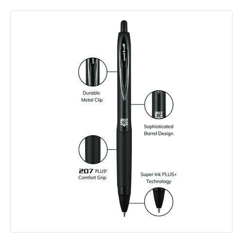 Image of uniball® 70462 207 Plus+ Gel Pen, Retractable, Medium 0.7 mm, Black Ink, Black Barrel, Dozen