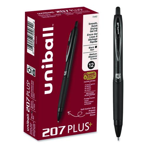 Image of uniball® 70462 207 Plus+ Gel Pen, Retractable, Medium 0.7 mm, Black Ink, Black Barrel, Dozen