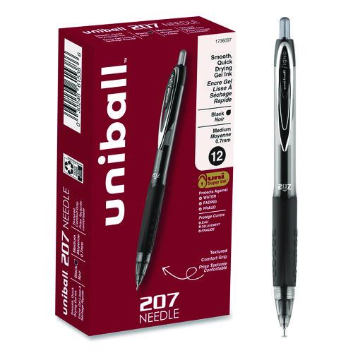 Image of uniball® 1736097 Signo 207 Needle Point Gel Pen, Retractable, Medium 0.7 mm, Black Ink, Clear/Black Barrel, Dozen