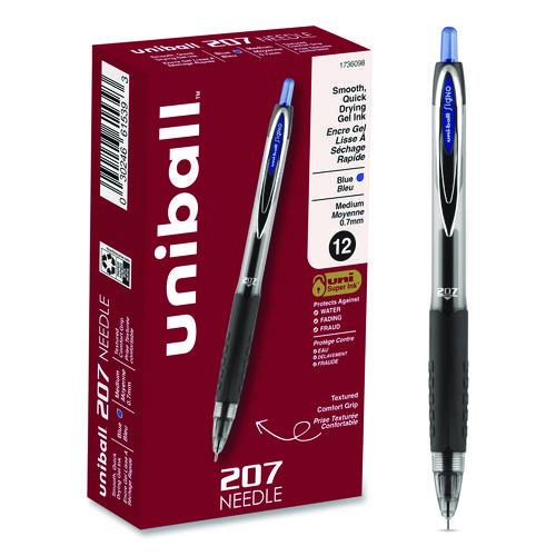 Image of uniball® 1736098 Signo 207 Needle Point Gel Pen, Retractable, Medium 0.7 mm, Blue Ink, Clear/Black/Blue Barrel, Dozen