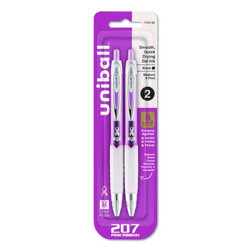 Image of uniball® 1745148 Signo 207 Breast Cancer Awareness Gel Pen, Retractable, Medium 0.7 mm, Black Ink, Translucent Pink/White Barrel, 2/Pack