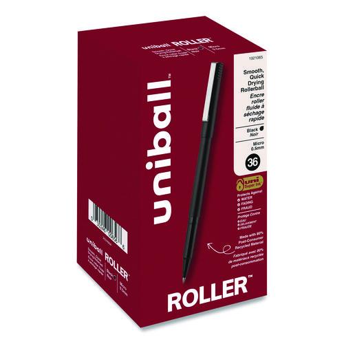 Image of uniball® 1921065 Rollerball Pen, Stick, Micro 0.5 mm, Black Ink, Black Barrel, 36/Pack