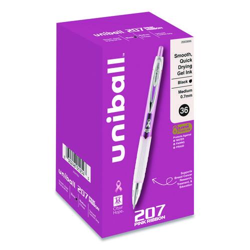 Image of uniball® 2003896 207 Breast Cancer Awareness Gel Pen Office Pack, Retractable, Medium 0.7mm, Black Ink, Translucent Pink/White Barrel, 36/Pack