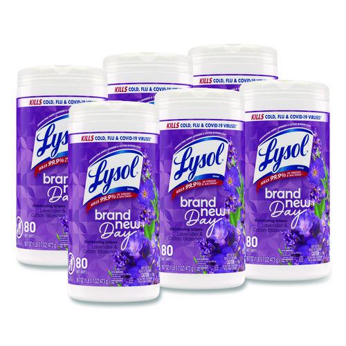 Image of LYSOL® Brand 19200-56264 Disinfecting Wipes, 1-Ply, 7 x 7.25, Lavender and Cotton Blossom, White, 80 Wipes/Canister, 6 Canisters/Carton