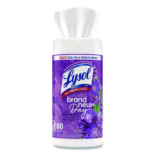 Image of LYSOL® Brand 19200-56264 Disinfecting Wipes, 1-Ply, 7 x 7.25, Lavender and Cotton Blossom, White, 80 Wipes/Canister, 6 Canisters/Carton