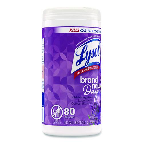 Image of LYSOL® Brand 19200-56264 Disinfecting Wipes, 1-Ply, 7 x 7.25, Lavender and Cotton Blossom, White, 80 Wipes/Canister, 6 Canisters/Carton