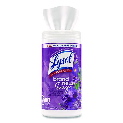Image of LYSOL® Brand 19200-56264 Disinfecting Wipes, 1-Ply, 7 x 7.25, Lavender and Cotton Blossom, White, 80 Wipes/Canister