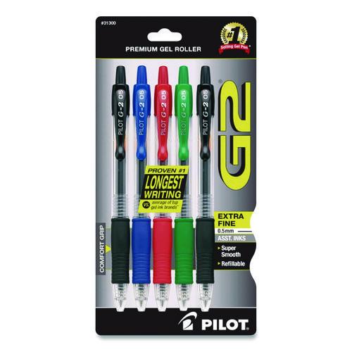 Image of Pilot® 31300 G2 Premium Gel Pen, Retractable, Extra-Fine 0.5 mm, Assorted Ink and Barrel Colors, 5/Pack