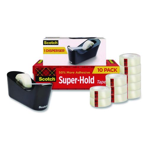 Image of Scotch® 700K10C18BLK Super-Hold Tape With Dispenser, 1" Core, 0.75" X 27.77 Yds, Clear, 10 Rolls And 1 Dispenser/pack